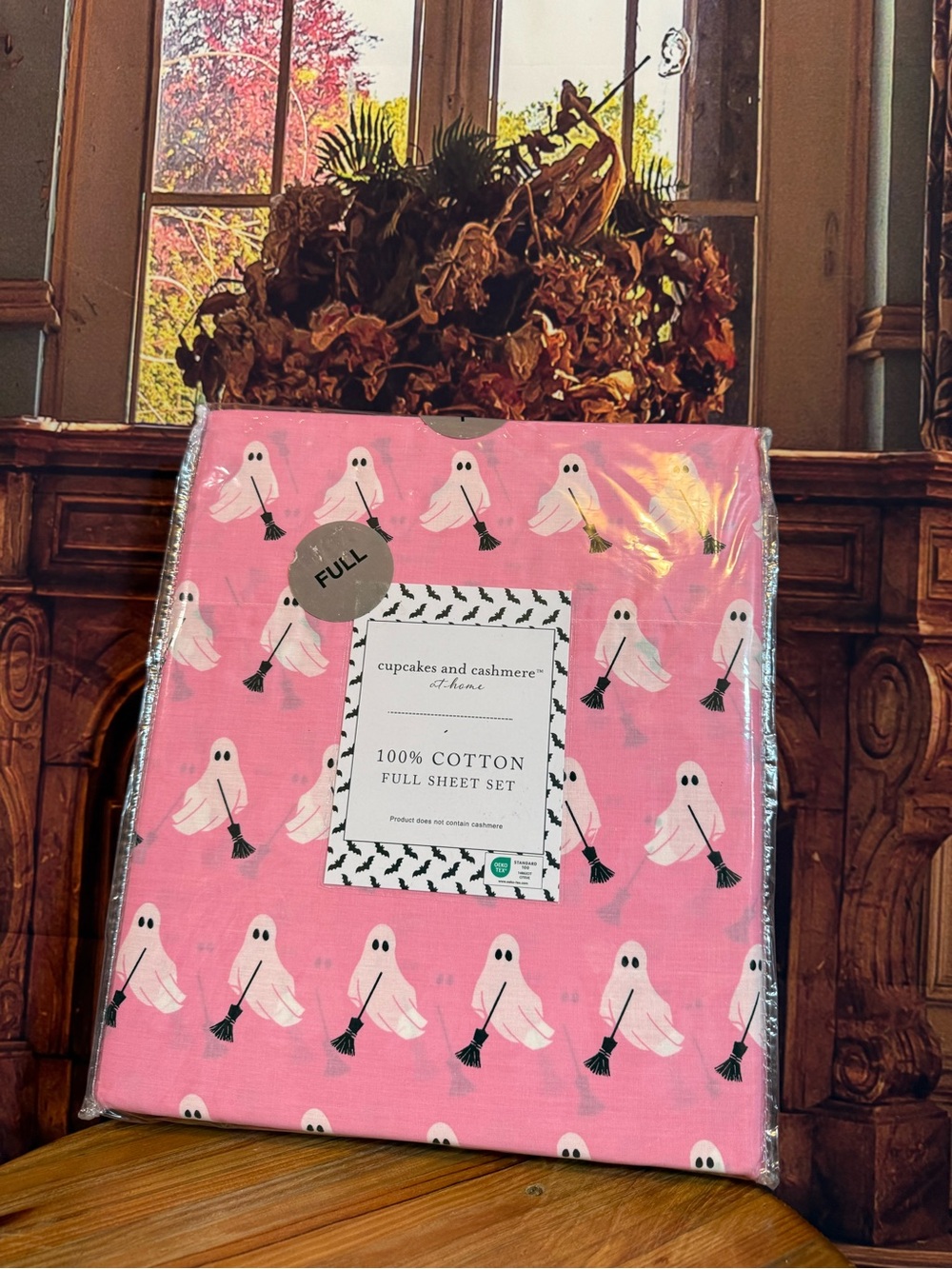 Cupcakes & Cashmere Pink Ghost Print Cotton Full Sheet Set Broom Halloween 🎃 NWT